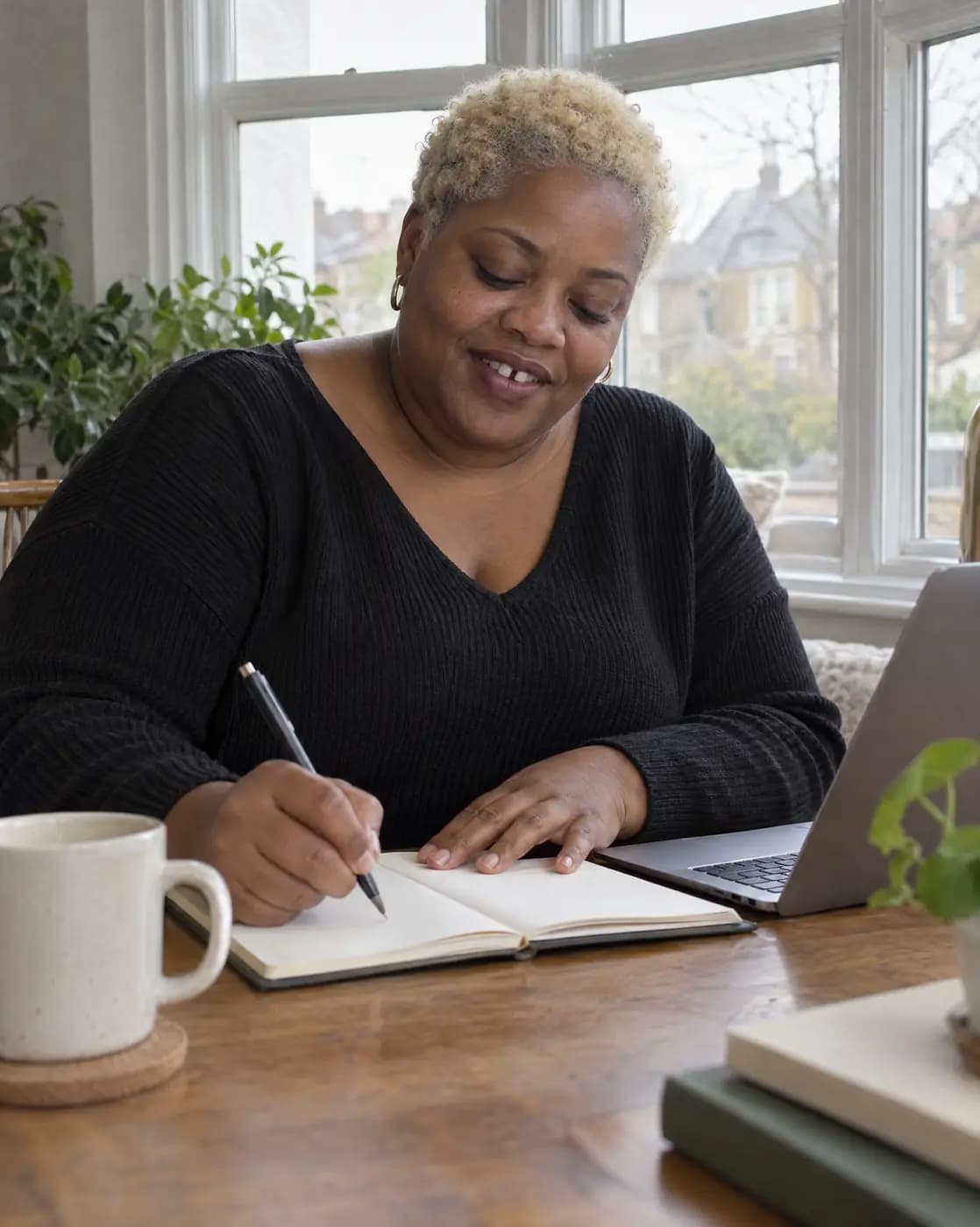 A Black woman, 43, plus-size, short dyed-blonde natural hair, gap teeth writes at a bay window