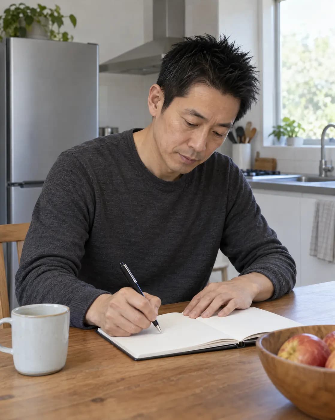 A Korean man, 44, slim, clean shaven, short spiky black hair writes a note at a kitchen table