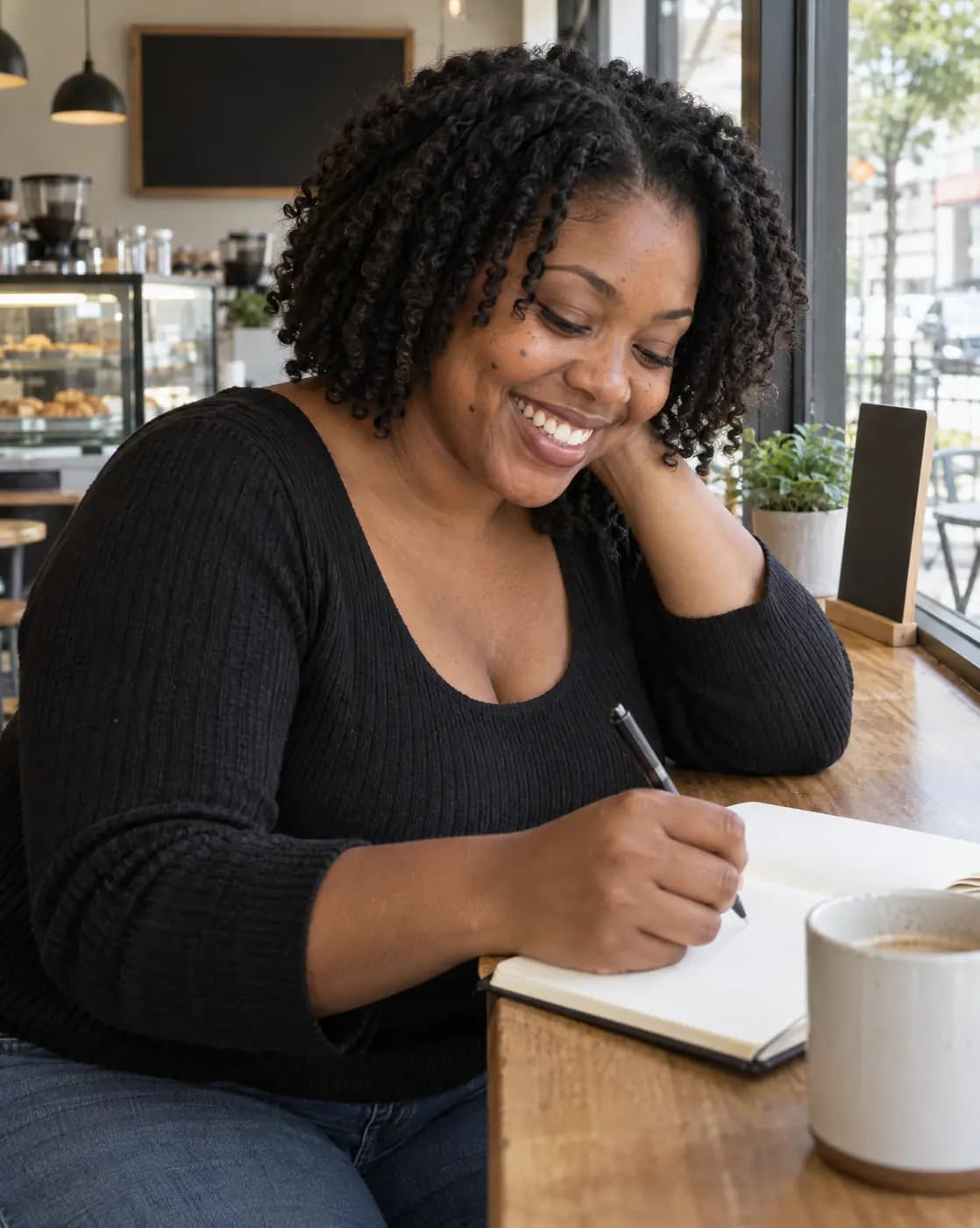 A Black woman, 33, curvy, twist-out hair, wide smile, moles on cheek writes a note at a café window