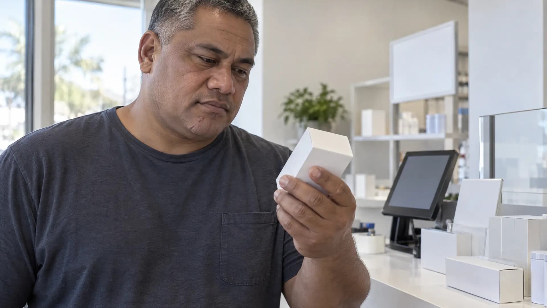 A Pacific Islander man, 46, broad, short grey-black hair, faint scar on chin reads the blank label on a small box at a bright counter