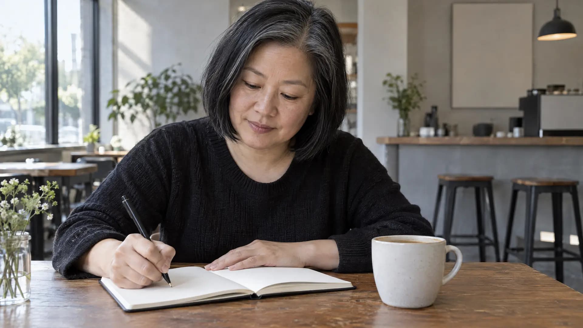 A Korean-American woman, 52, chin-length straight black bob with grey roots, no glasses writes a short note in a notebook at a café table