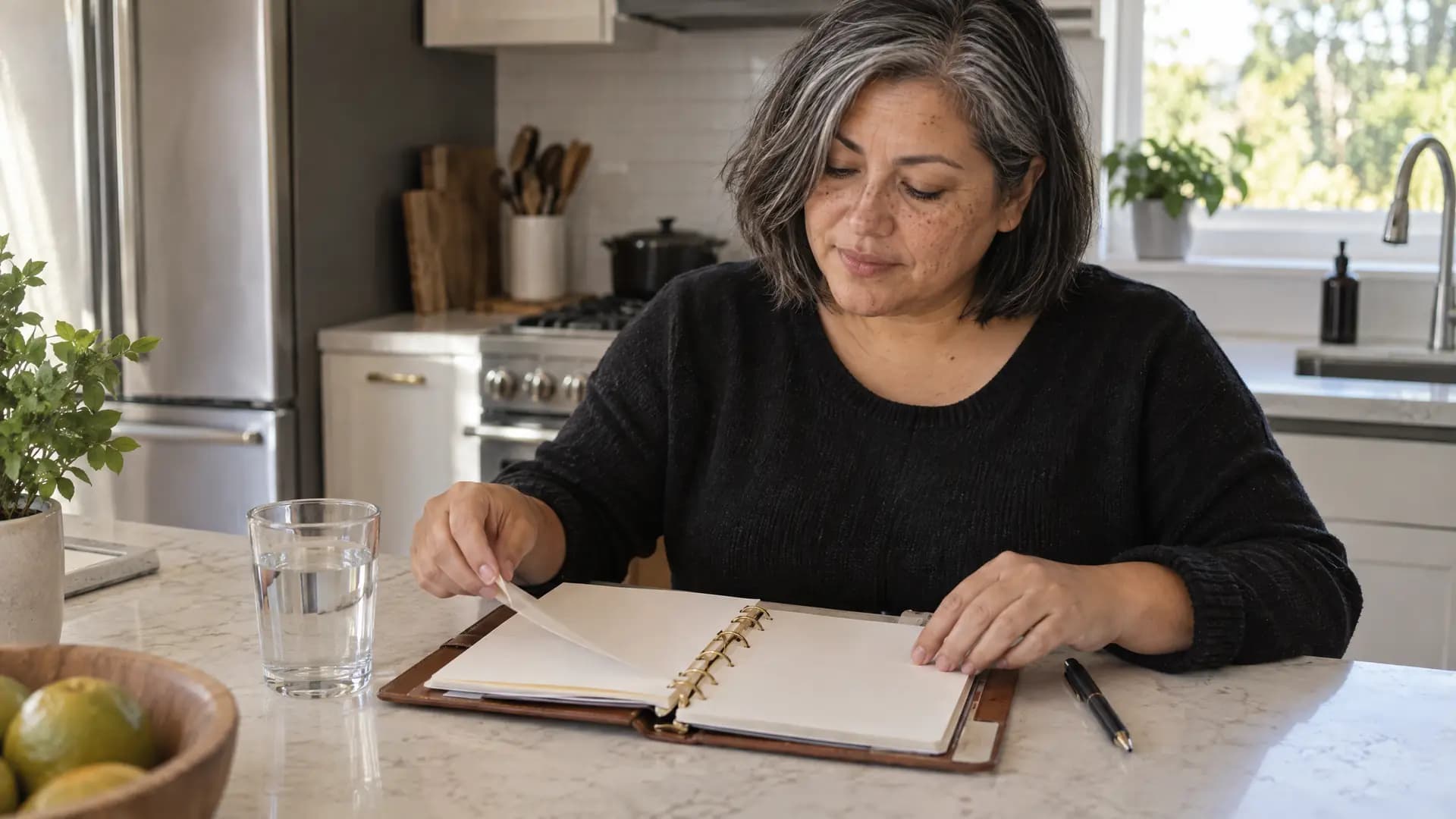A Latina woman, 43, medium build, silver-streaked bob, freckled organises a paper planner and pen beside a water glass at a kitchen counter