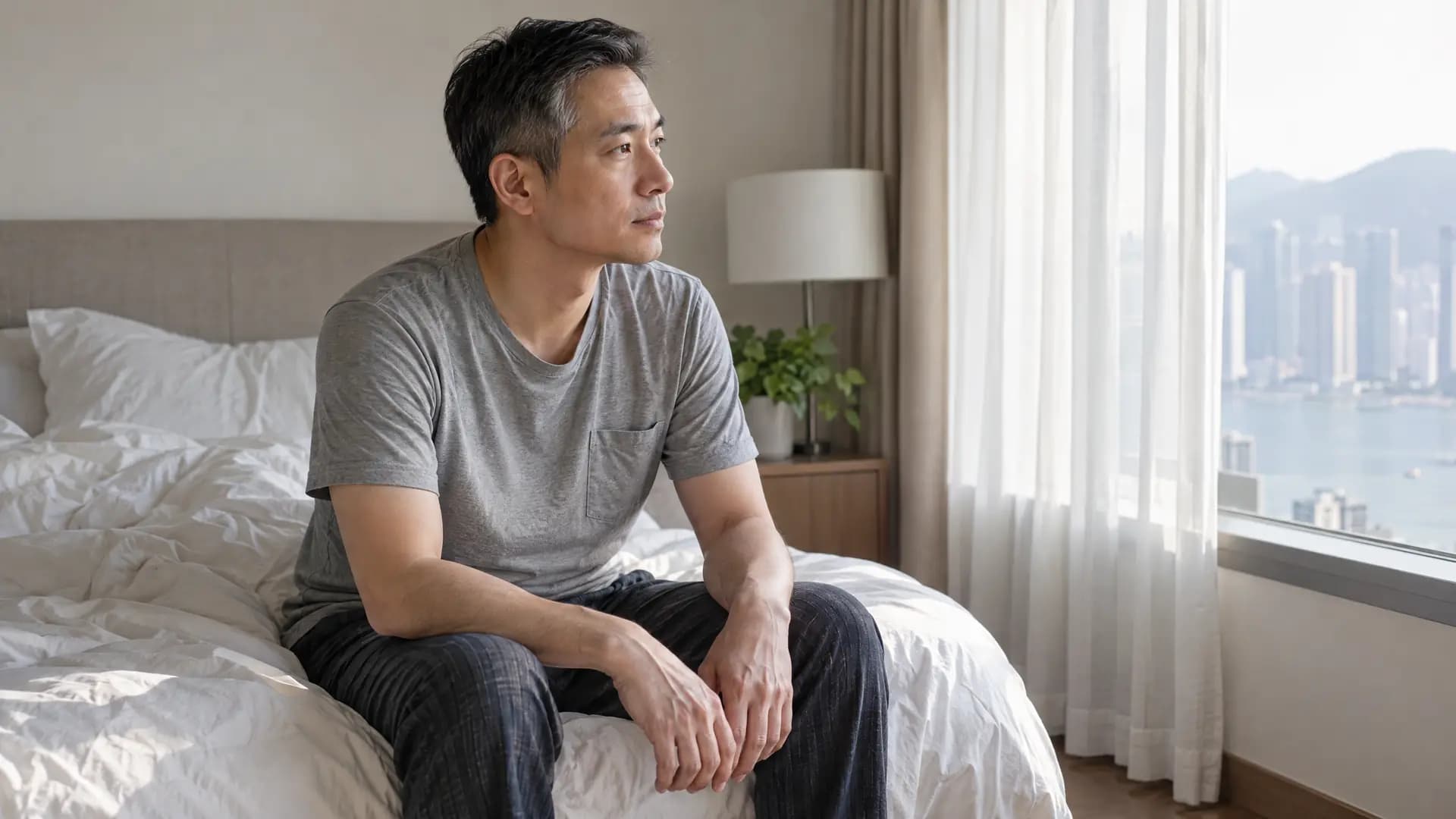 A Hong Kong Chinese man, 45, lean, short black hair grey at the temples, clean shaven, sits on the edge of a bed with rumpled white linen, hands…
