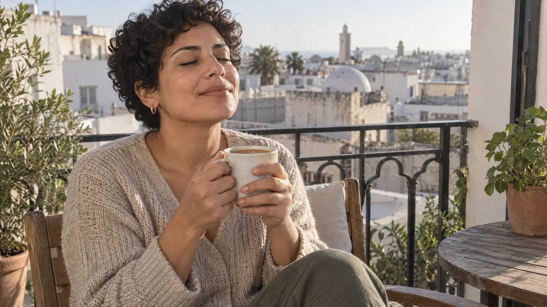 A Tunisian woman, 38, olive skin, short curly pixie cut, small hoops, sits on a small city balcony holding a mug of tea, eyes closed, taking a…