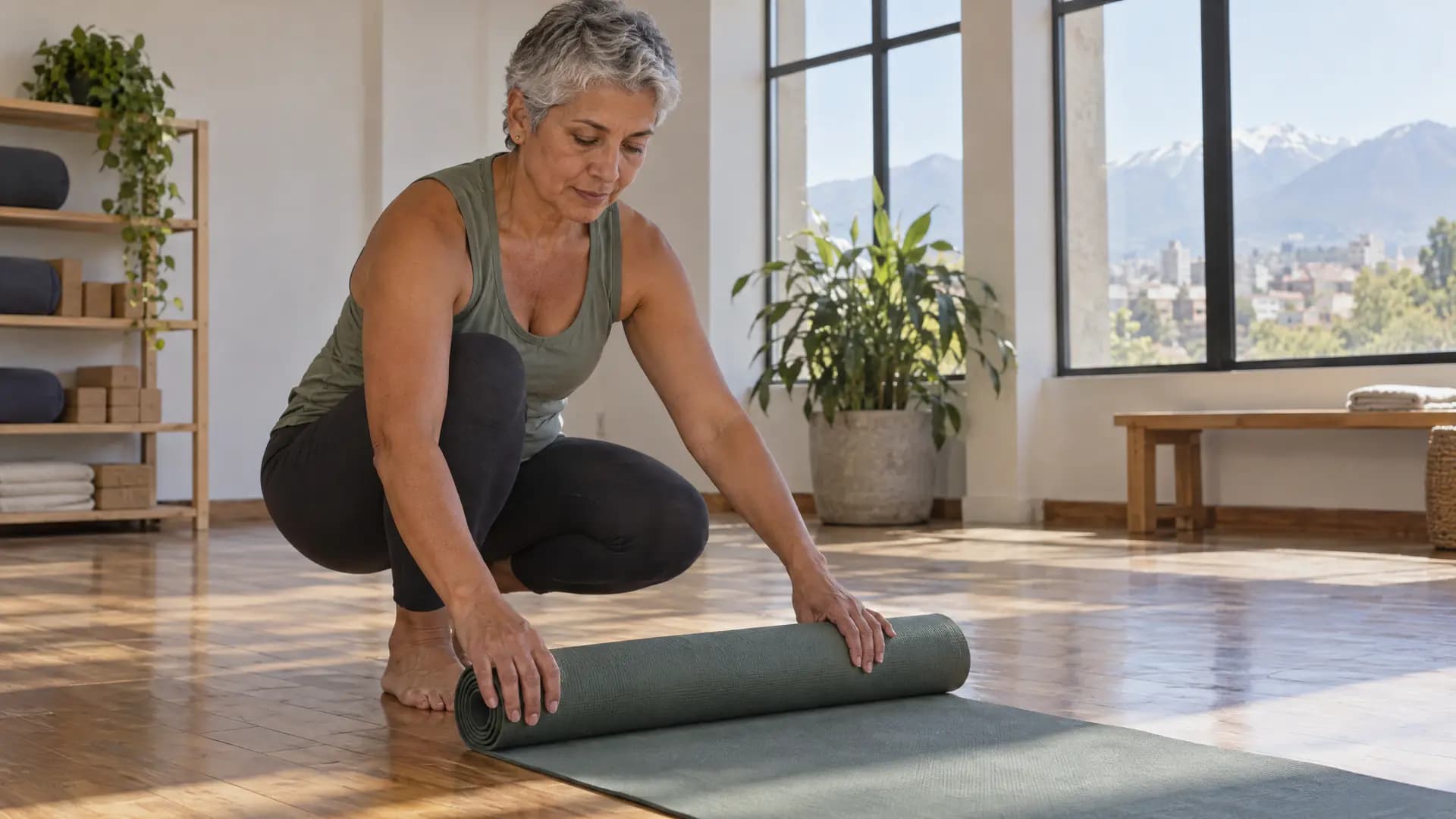 A Chilean woman, 52, cropped silver hair, sun-browned skin, unrolls a yoga mat by the window in an airy studio with wooden floors and tall…