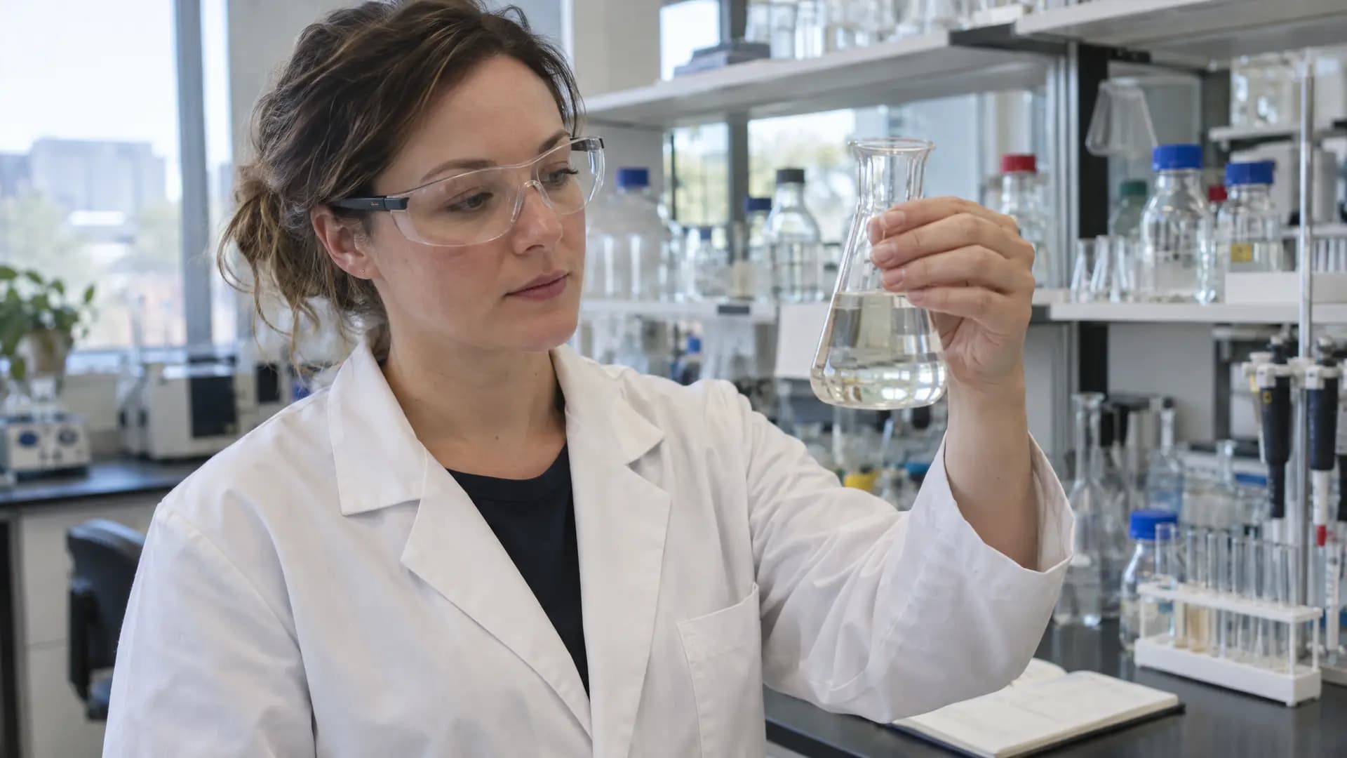 A chemist in her late thirties stands at a bright laboratory bench holding a glass flask at chest height, looking at it calmly, safety glasses,…