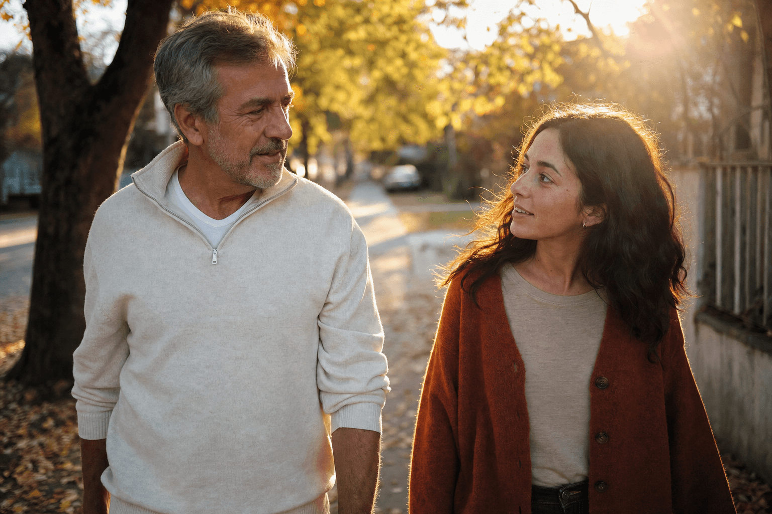 A man and his adult daughter walking together in golden hour light