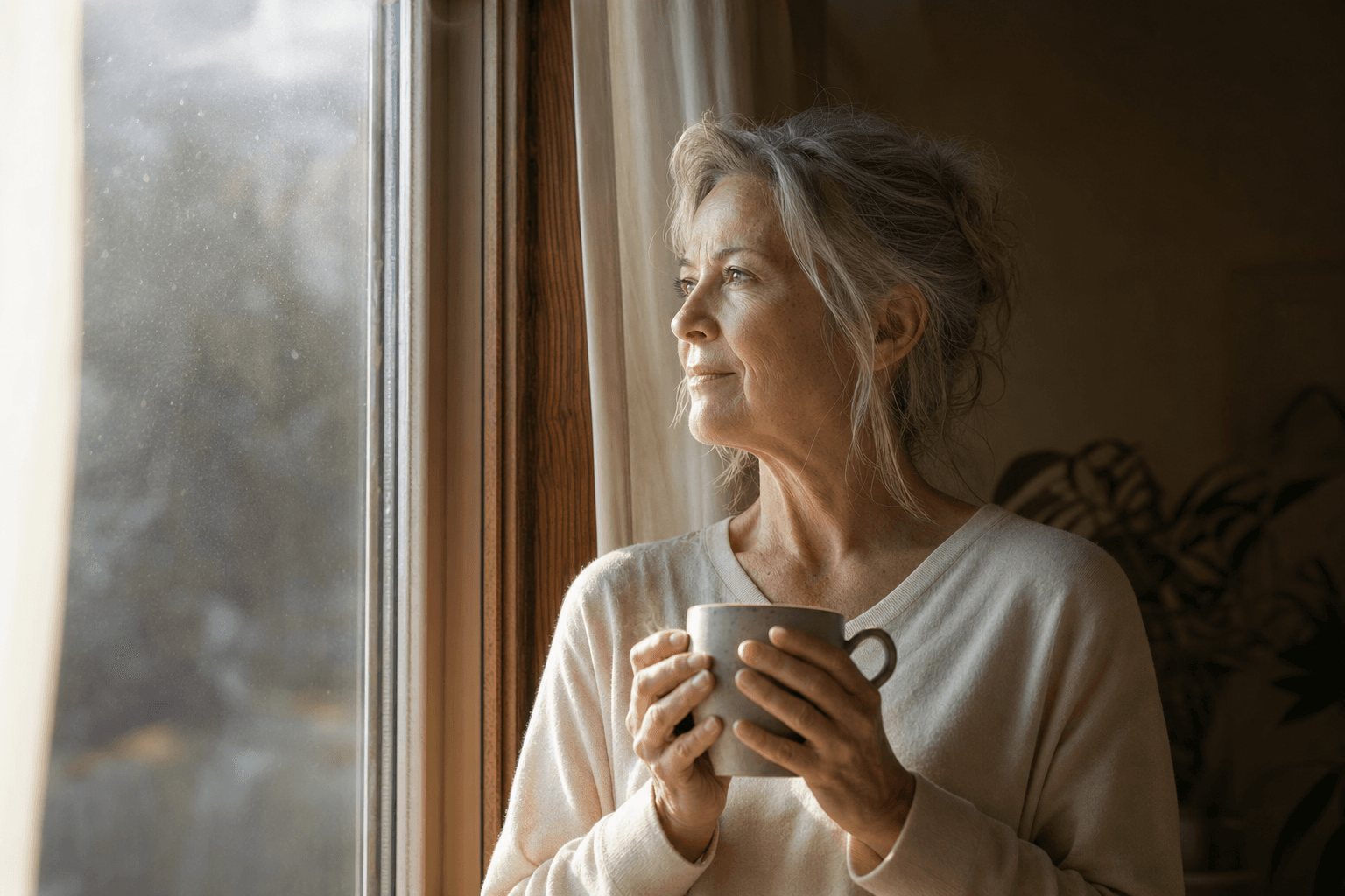 A woman by a tall window in soft morning light