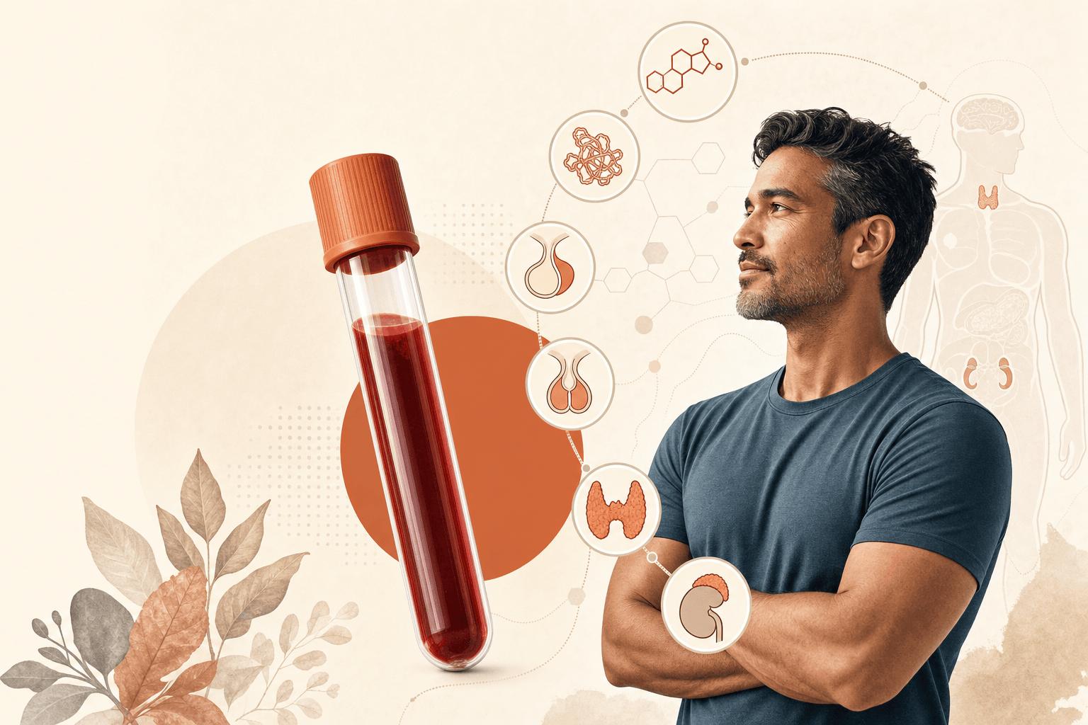 Illustration of a men's hormone blood test and key biomarkers