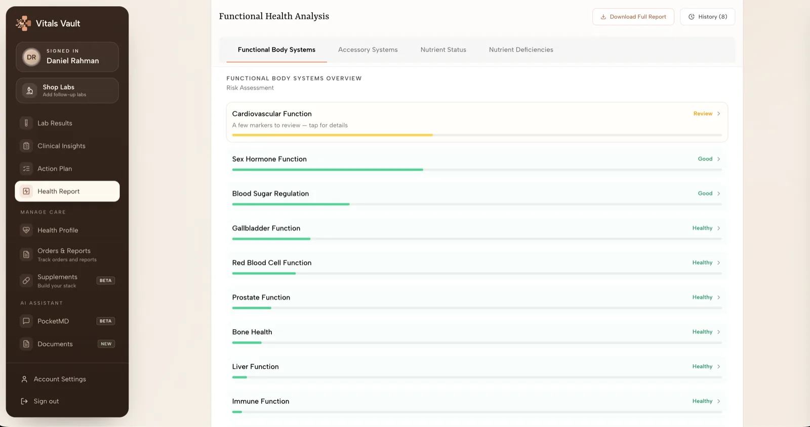 Functional health analysis scoring body systems so next steps map to what needs attention