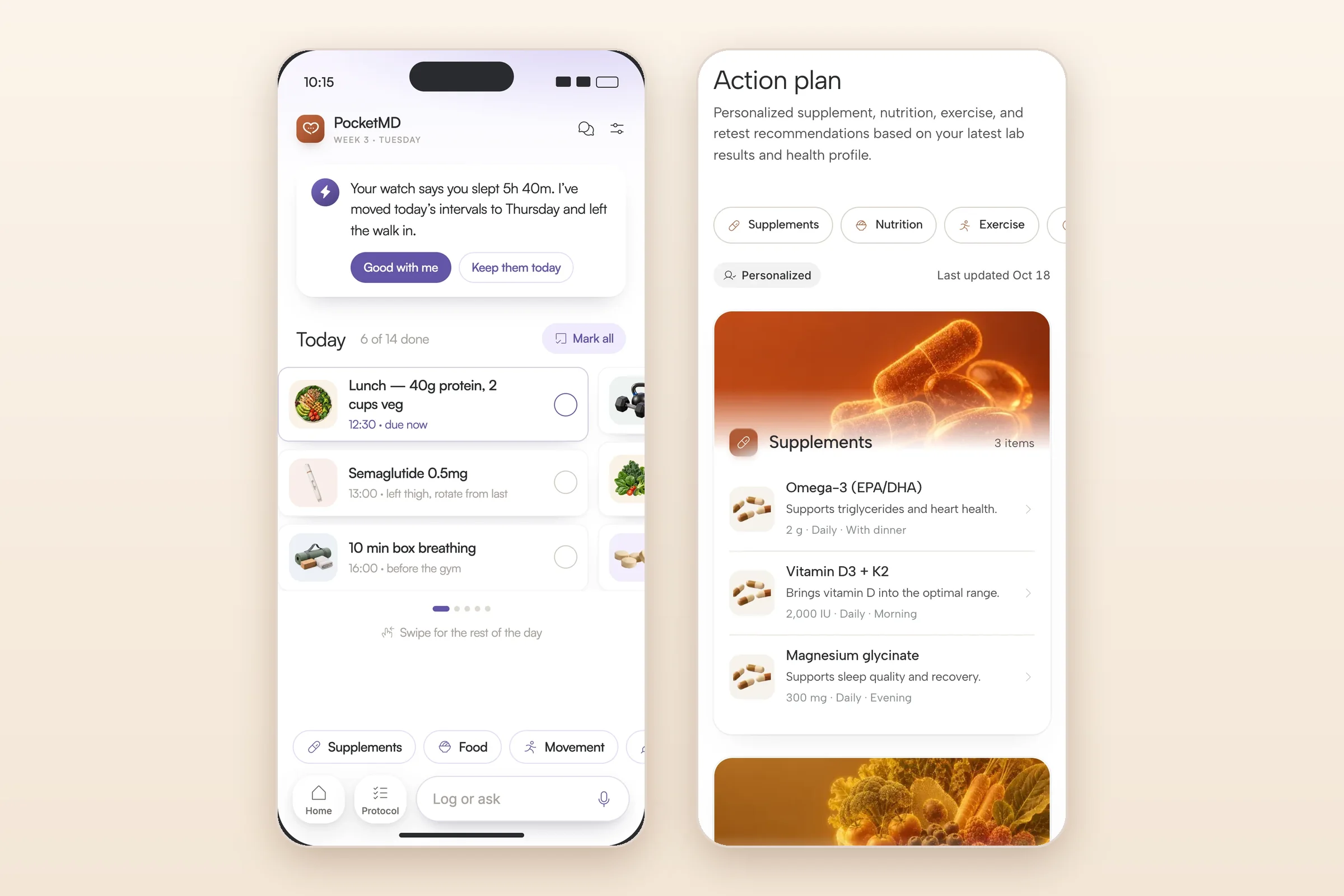 Vitals Vault on mobile with sample data: PocketMD's day view with a nudge and today's plan, beside the personalized action plan