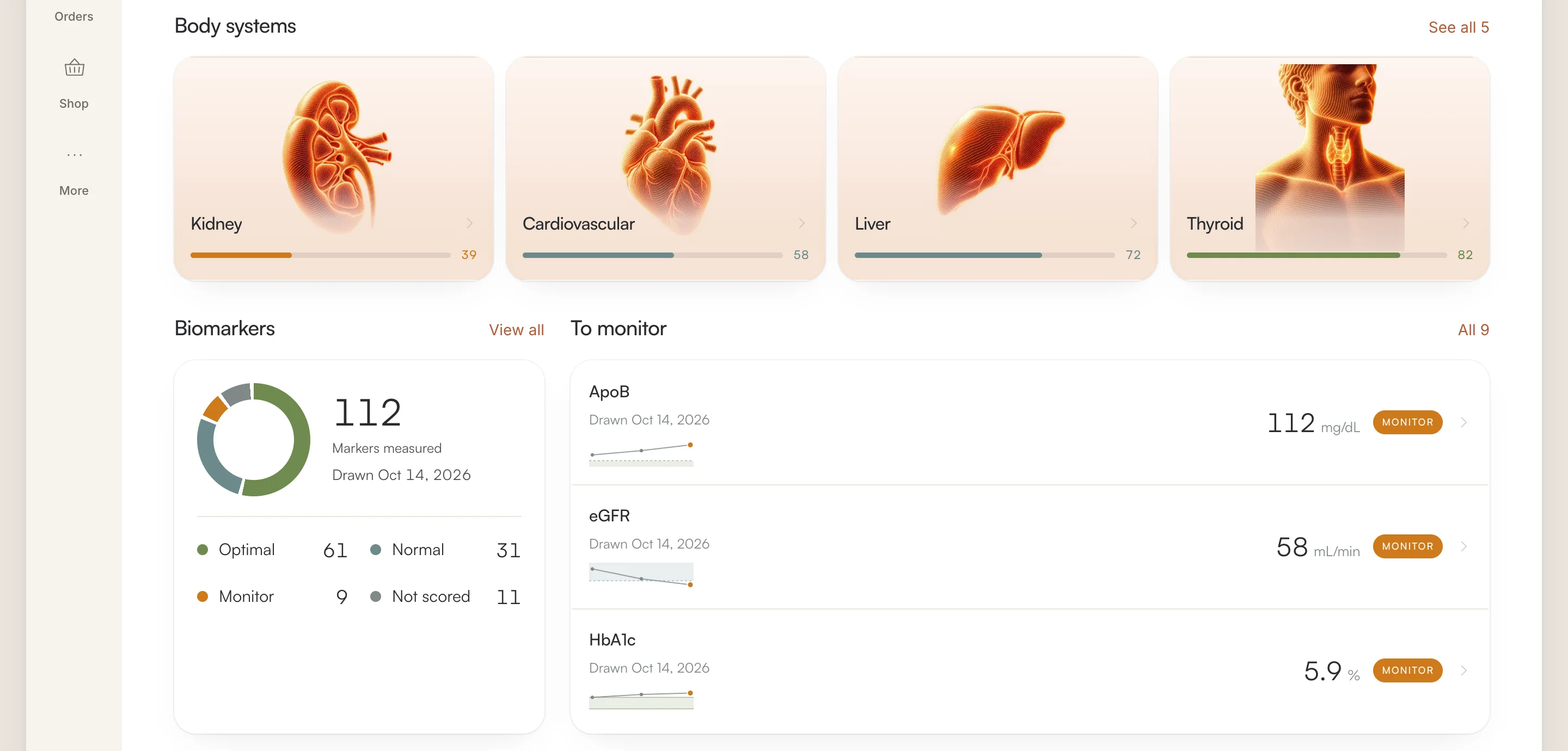 Vitals Vault body-system scores, biomarker status summary, and markers to monitor, shown with sample data