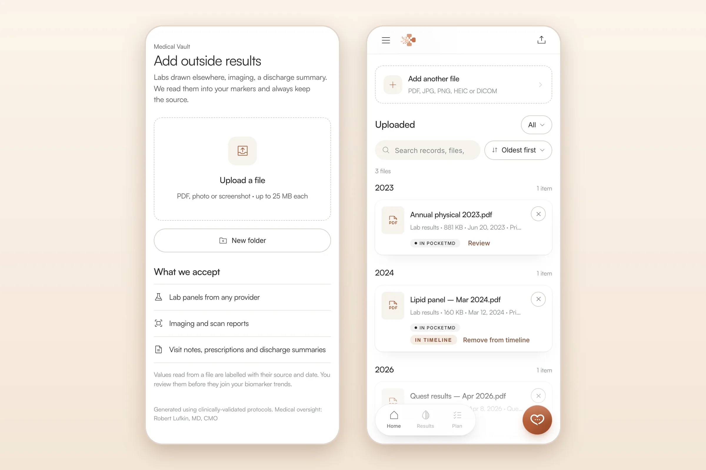 Vitals Vault Medical Vault on mobile with sample data: uploading outside results and the list of uploaded lab files